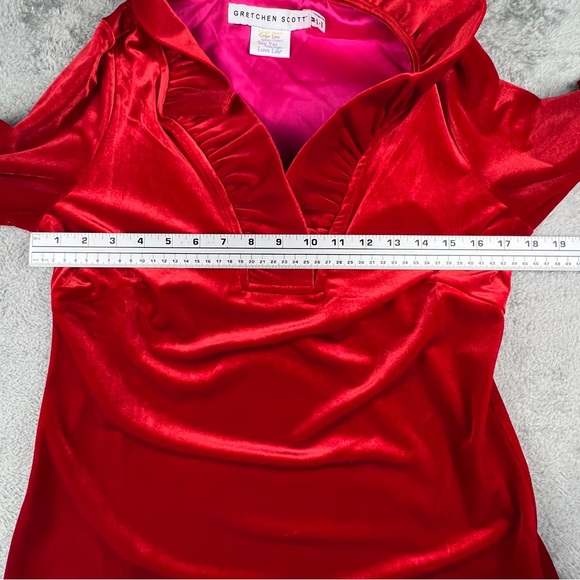 Gretchen Scott Shirt Womens Medium Red Velvet Ruffle Collar Tunic Top Holiday - Picture 5 of 8